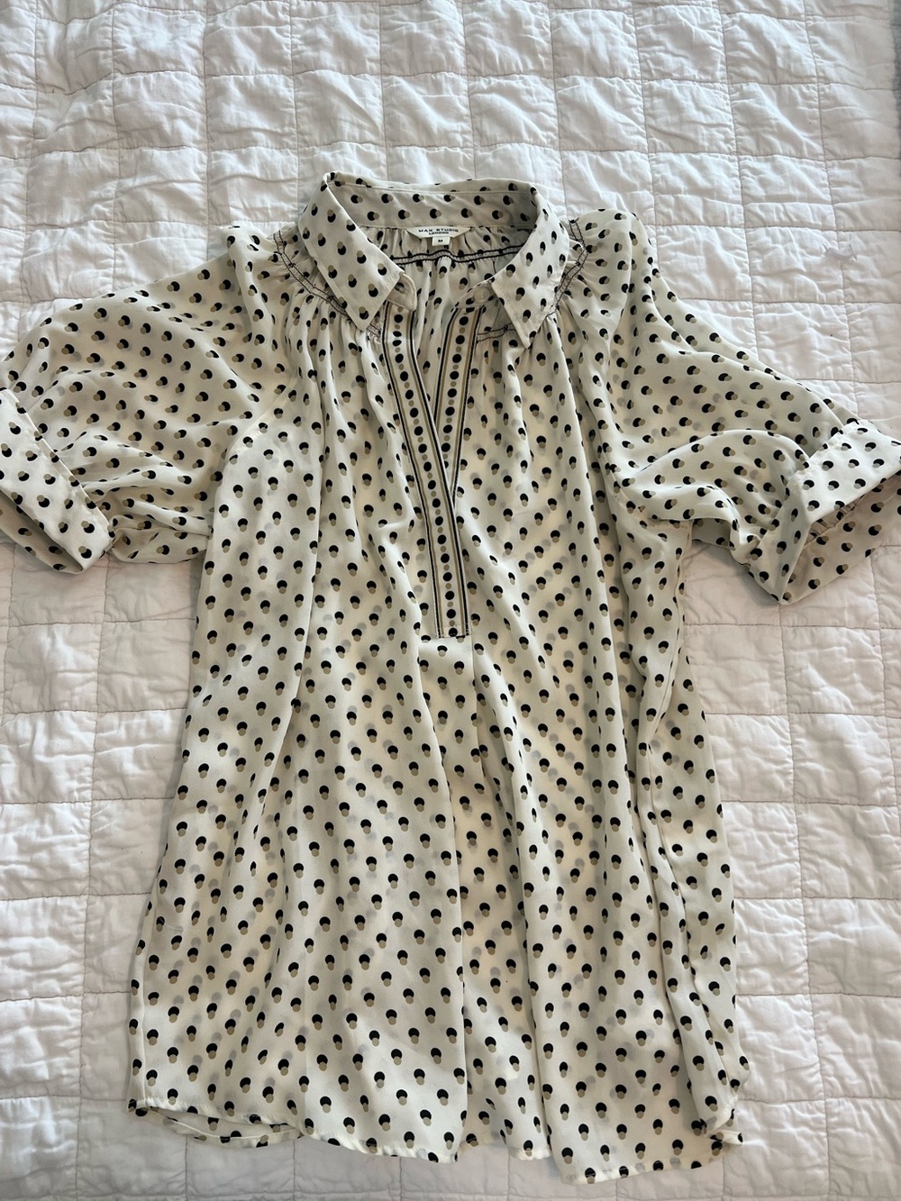 Max Studio Cream Blouse with Black and Taupe Polka Dots